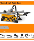 Total Beast Heavy Duty 8 Inch Portable Table Saw With Metal Roll Cage Dust Free Design Precision Wood Cutting Machine Job Site Ready shown with accessories.