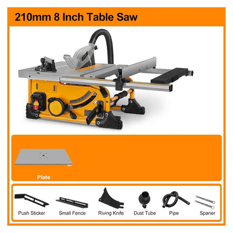 Total Beast Heavy Duty 8 Inch Portable Table Saw With Metal Roll Cage Dust Free Design Precision Wood Cutting Machine Job Site Ready shown with accessories.