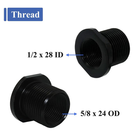 Two Pack Thread Adapters And Rubber And Metal Washers Replacement Kit For One Half By Twenty Eight And Five Eighth By Twenty Four Threads Black Steel Durable Pro Grade Adapters With Rubber Washers For Easy Repairs, showing thread sizes