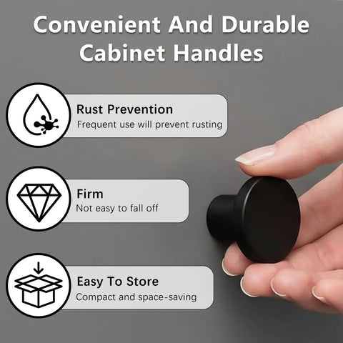 Hand installing matte black knob, 32 Pack One And One Sixth Inch Round Cabinet Knobs Durable Zinc Alloy Hardware With Multi Layer Plating Finish Easy Install For Kitchen And Bathroom Cabinets Upgrade Your Cabinets With Solid Feel And Secure Fit