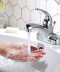 Single Handle Low Arc Bathroom Faucet With Lift Rod Drain Assembly 4 Inch Centerset Chrome Vanity Tap Basin Mixer 304 Stainless Steel