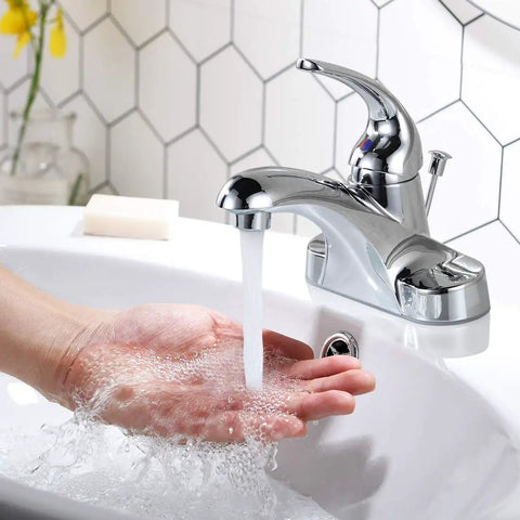 Single Handle Low Arc Bathroom Faucet With Lift Rod Drain Assembly 4 Inch Centerset Chrome Vanity Tap Basin Mixer 304 Stainless Steel