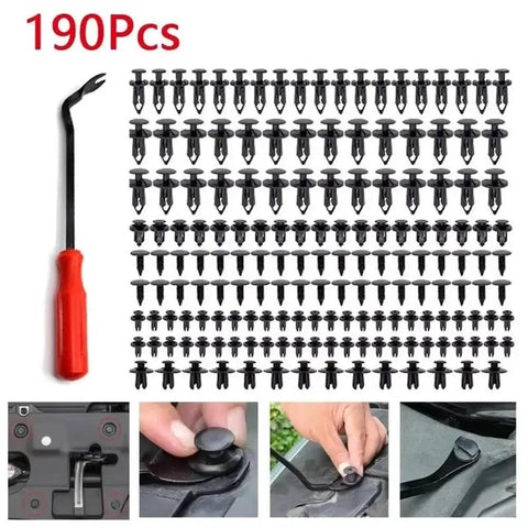 190 Piece Car Plastic Bumper Clip Kit With 6 Styles Retainer Fasteners And Push Rivets for auto body repairs, shown with tool