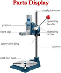 Parts display of Rock Solid Drill Press Stand For Hand Drill With Vise, highlighting steel pipe cover and cast iron base.