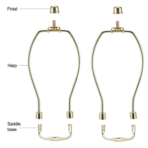 Straight Fire Slick Polished Brass Lamp Harp 10 Inch Light Duty Replacement Hardware No Sweat Shade Clip setup shown with saddle base and finials.