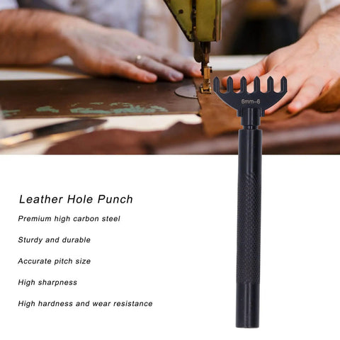 Close-up of 8 Piece Leather Stitch Punch Chisel Set With Interchangeable Claw Heads 4 5 6mm High Carbon Steel Precise Spacing for DIY use.