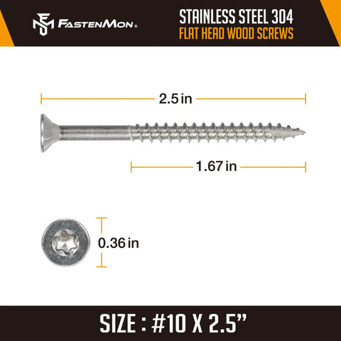 Stainless Steel Deck Screws 10x2.5 Inch 304 Grade 300 Count With T25 Star Drive Bit, flat head screw and top view, size details