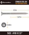 304 Stainless Steel Deck Screws 10x2.5 Inches, flat head, T25 drive bit, shown with measurements and logo.