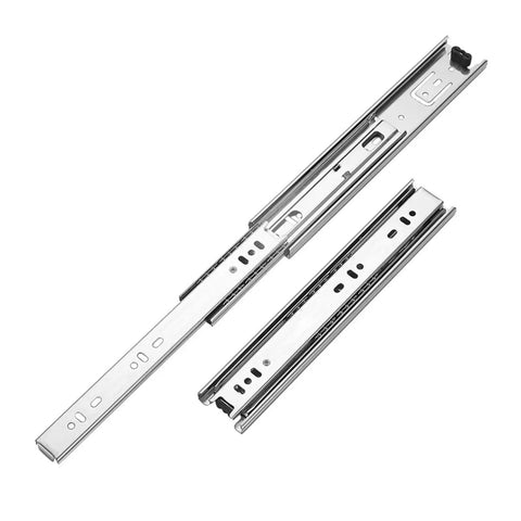 Three Section Steel Ball Bearing Drawer Slides Set Silent Side Mounted Cabinet Slides 16 Inch Black 2 Pack Built To Last Ultra Smooth Close For Kitchen Garage Or Office Cabinets, showing extended steel slide with ball bearing design