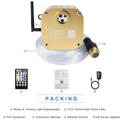 Fiber Optic Sensory Light Engine With Twinkle RGBW And Music Activation, Bluetooth App Control, packaging contents displayed.