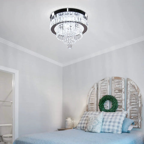 Dimmable Crystal LED Flush Mount Ceiling Light With Remote Control, slick modern chandelier in bedroom setting