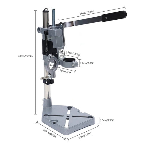 Rugged Workhorse Double Hole Drill Press Stand With No Sweat Depth Adjustment Universal Heavy Duty Aluminum Bench Clamp, detailed view.