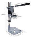 Universal Drill Press Adapter For Hand Tools, Adjustable Benchtop Conversion Stand with depth gauge dimensions shown.