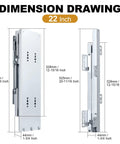 22 Inch Pantry Drawer Slides For Tall Cabinets Dual Top And Bottom Pull Out Soft Close Beefy Heavy Duty 120 Lb Capacity Silver Finish dimension drawing