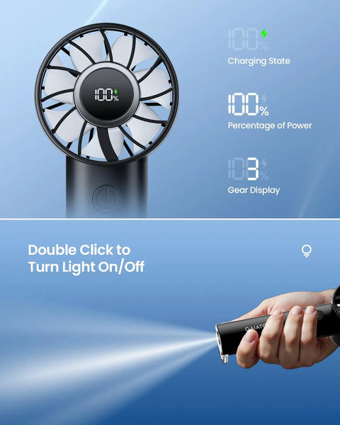 Portable Handheld Mini Fan With Power Display And Built In Flashlight USB Rechargeable 1800mAh Battery 3 Speed