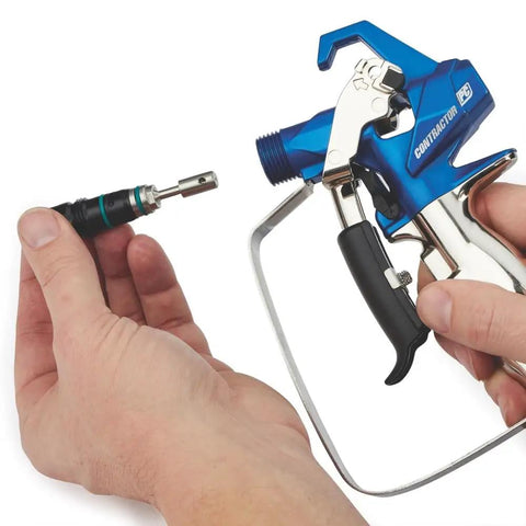 Installing Contractor PC ProConnect Replacement Cartridge Blue 17Y297 into paint spray gun.