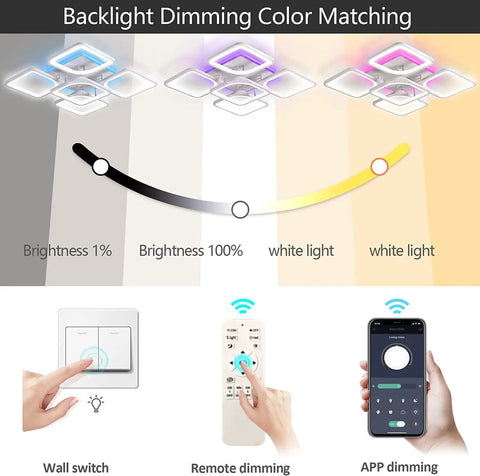 Rectangular LED Ceiling Light With Dimmable Remote 60W Front Light And 5W RGB Backlight with dimming controls and color options.