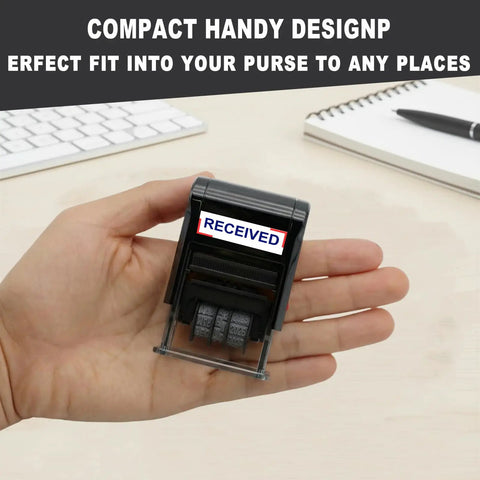Premium Self Inking Date Stamp With Blue And Red Ink Perfect For Received Docs held in hand, compact design for easy use.