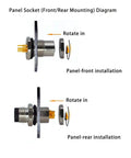 Diagram showing front and rear mounting of Rugged M12 4-Pin A-Coded Male Connector Cable With Front Panel Mount Unshielded Straight Plug.