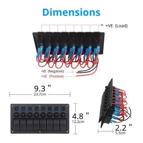 Dimensions and wiring of 8 Gang Waterproof Toggle Rocker Switch Panel With Blue LED Indicator 12V 24V Marine Grade Circuit Breakers Kit.