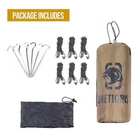 Bulwark Camping Tarp Rain Fly 12.8 Ft By 9.5 Ft package with pegs, ropes, and carry bag