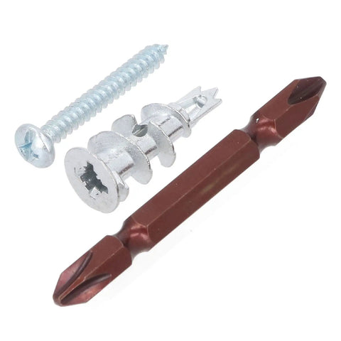Heavy Duty Drywall Anchors And Screws Kit Zinc Self Drilling Anchors With Screws 50 Anchors And 50 Screws Ultra Strong For Artwork Shelves And Mirrors Works On Three Eighths Inch, Half Inch, And Five Eighths Inch Drywalls Zinc Alloy Construction. drywall anchors, screw, and driver bit on white background