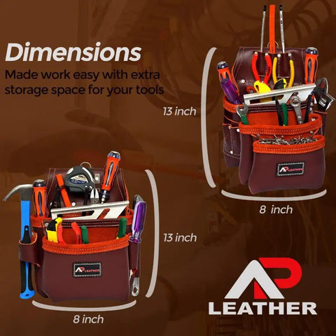 Dimensions of Premium Oil Tanned Leather Tool Belt And Pouch Set For Carpenters Pro Grade Heavy Duty 28 Pocket Maroon Tool Belt