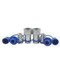 Two 1/2 in NPT ISO5675 hydraulic quick-connect couplings with blue dust caps and metal bodies