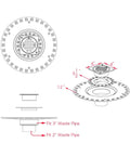 Technical diagram of Shower Floor Drain With 12 Inch Flange In Matte Black ABS Construction No Fuss Easy Install For Thin Set Tile 4 Inch Stainless Steel 304 Drain Cover Universal Fit For Standard Shower Trays And Pan Systems, showing dimensions and waste pipe compatibility.