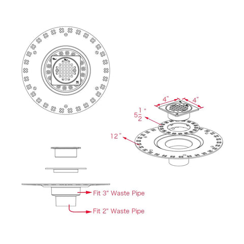 Technical diagram of Shower Floor Drain With 12 Inch Flange In Matte Black ABS Construction No Fuss Easy Install For Thin Set Tile 4 Inch Stainless Steel 304 Drain Cover Universal Fit For Standard Shower Trays And Pan Systems, showing dimensions and waste pipe compatibility.