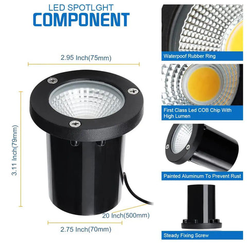 Diagram of 5W In-Ground Well Light Kit With 12 Pack 24V Connectors featuring measurements and component details.