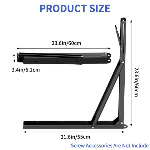 Heavy Duty 24 Inch Folding Shelf Bracket Rock Solid Black Steel Wall Mount with size dimensions and measurements shown.