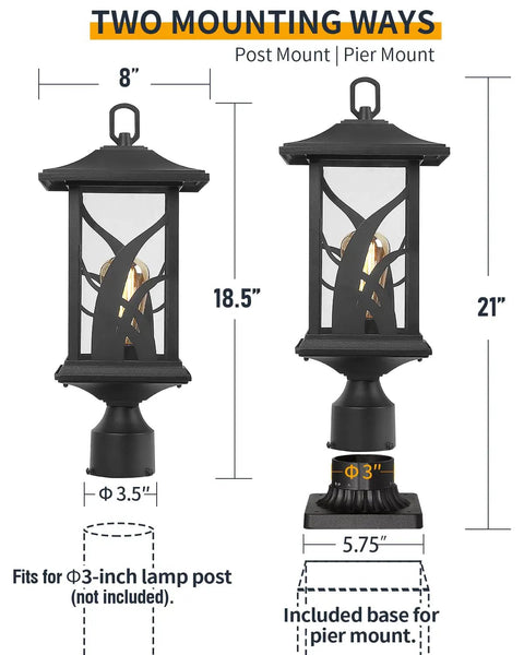 Two mounting options for Outdoor Post Light Set 21 Inch Tall Cast Aluminum Pier Mount Lantern With Base Black Exterior Finish.