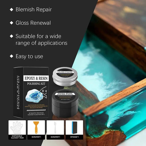 Complete Epoxy Resin Polishing Kit For A Mirror Finish Shine with polishing compound, scraper, sponge near epoxy surface