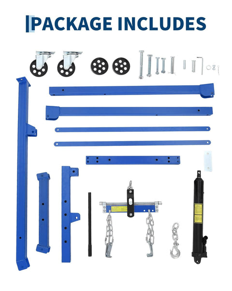 1.5 Ton Hydraulic Engine Hoist With Telescoping Boom Shop Crane components and accessories laid out