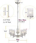 Dimensions and features of 5-Light Industrial Pendant Chandelier For Kitchen Island And Living Room, Dope Brushed Nickel Finish.