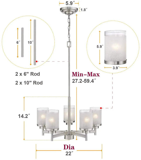 Dimensions and features of 5-Light Industrial Pendant Chandelier For Kitchen Island And Living Room, Dope Brushed Nickel Finish.