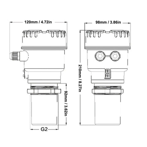 Technical diagram of Ultrasonic Water Level Sensor With Digital LED Display And Plug And Play Setup For 0-5 m Range 4-20mA Analog Output Tank And Reservoir Level Transmitter