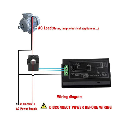 Wiring diagram for 6 In 1 Beefy Digital Meter For AC Power 80 To 260V 100A LCD Display Real Power Only Energy Frequency Power Factor