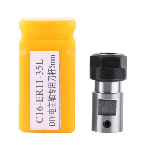 Heavy Duty Precision Collet Chuck With 5mm Steel Motor Extension Fits ER11 Tooling For Milling Machining Tasks in orange packaging.
