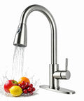 Top Shelf Brushed Nickel Kitchen Faucet With Smooth Pull Down Sprayer And High Arc Single Handle Lever, water flowing over fruit.