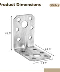 Heavy Duty Steel L Brackets 50 Pack 2.2 Inch Square Corner Mounts With Multi Hole Design For Shelves Furniture And Wood Projects Built Damn Tough to show dimensions and design.