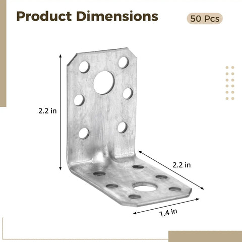 Heavy Duty Steel L Brackets 50 Pack 2.2 Inch Square Corner Mounts With Multi Hole Design For Shelves Furniture And Wood Projects Built Damn Tough to show dimensions and design.