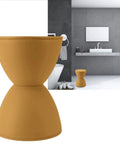 Totally Legit Go To Upgrade Your Living Room Featuring This Premium Hourglass Side Table Doubling As A Round Accent Stool Fully Versatile Dual Sided Plastic Design Built For Chill Vibes Makeup Sessions Or Casual Shoe Changing In Ginger in modern bathroom setting.