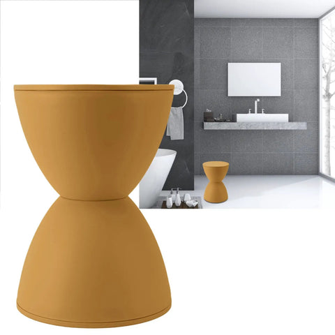 Totally Legit Go To Upgrade Your Living Room Featuring This Premium Hourglass Side Table Doubling As A Round Accent Stool Fully Versatile Dual Sided Plastic Design Built For Chill Vibes Makeup Sessions Or Casual Shoe Changing In Ginger in modern bathroom setting.