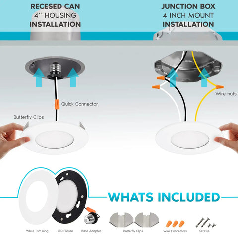 Installation overview of Six Pack 4 Inch LED Recessed Ceiling Lights With Five Color Temperature Options 2700K To 5000K, magnetic trim parts shown