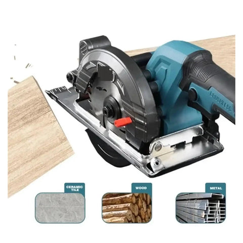 Badass Cordless Brushless Circular Saw 5 Inch 125mm handheld power tool cutting through wood with precision.