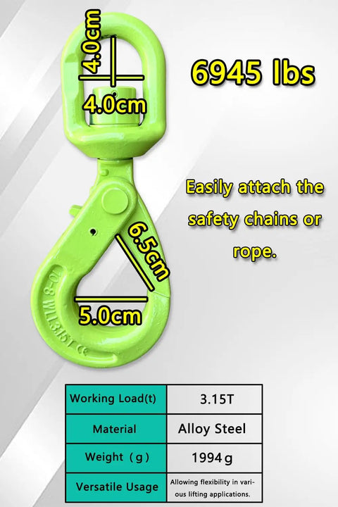 Built Tough Heavy Duty Swivel Lifting Hook With 6945 Lbs Capacity For Hoists And Cargo Lifts 360 Degree Swivel Eye Self Locking Design To Prevent Chain Twist And Keep Your Gear Secure, alloy steel