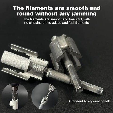 Close-up of badass integrated thread cutting tool showing smooth round filaments for half inch pipes, hexagonal handle visible.