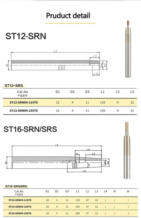 Premium One Piece Heat Shrink Lathe Chuck Tool Holder Extension Rod SRN With 175Mm Shank size options technical drawing.